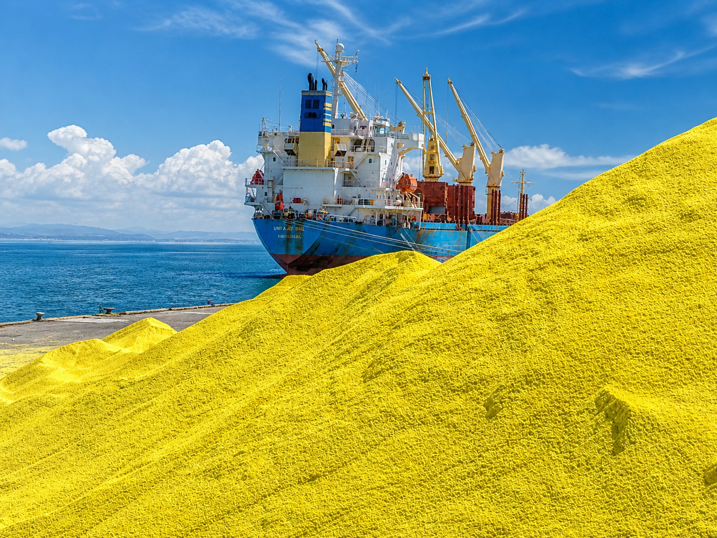 Sulphur stockpile beside a bulk cargo vessel